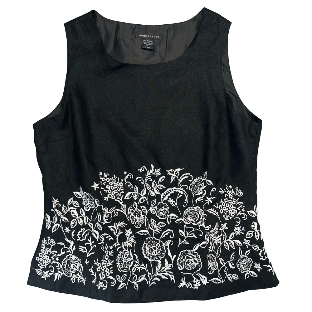 Anne Carson Women Tank Top Black Linen Floral Embroidered Boho Chic L